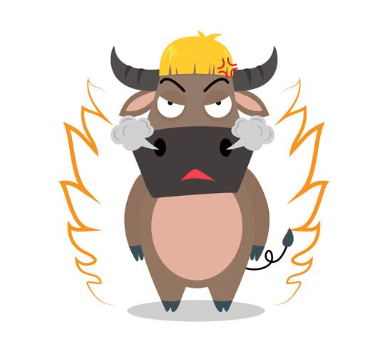 Angry buffalo cartoon character on white background - vector illustration