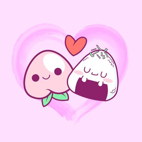 cute doodle peach and onigiri love background vector