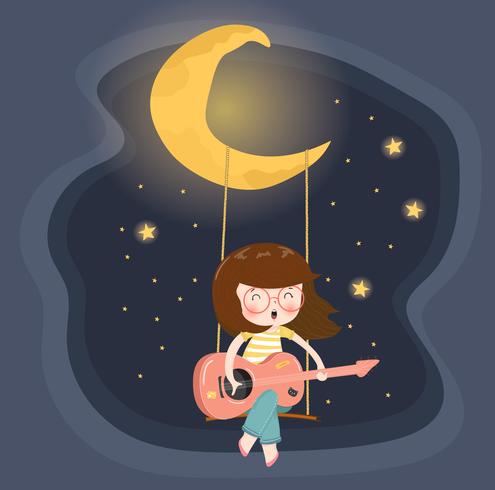 linda chica de gafas felices tocando la guitarra en columpio bajo la luna creciente vector