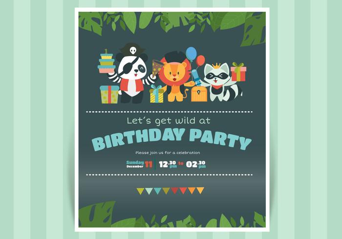 Invitación linda del cumpleaños con el ejemplo animal del vector del carácter