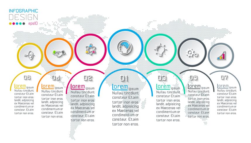 Siete círculos con infografías de iconos de negocios sobre fondo de mapa mundial. vector