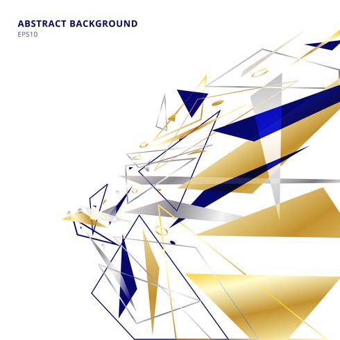 Abstract polygonal geometric triangles shapes and lines gold, silver, blue color perspective on white background with copy space. Luxury style. vector