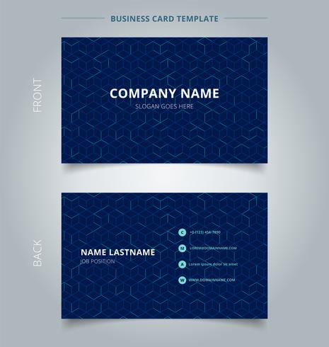 Business name card abstract cube pattern on dark blue background. Digital geometric lines square mesh.  Branding and identity graphic design. vector