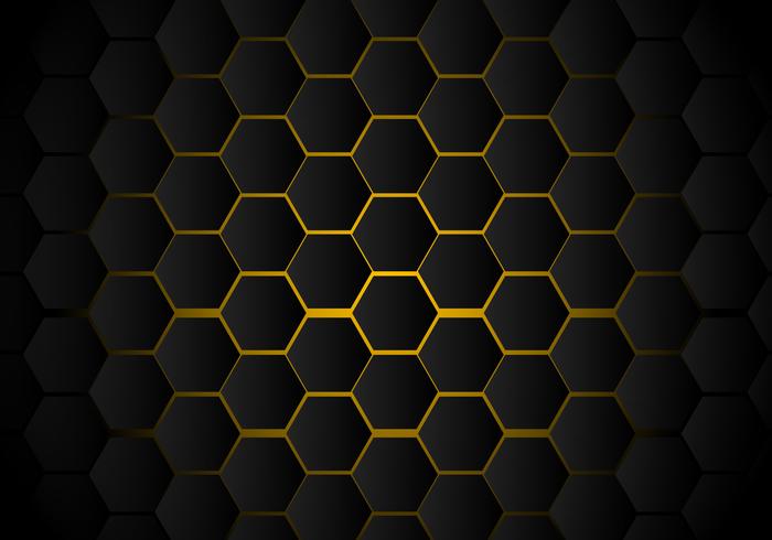 Abstract black hexagon pattern on yellow neon background technology style. Honeycomb. vector