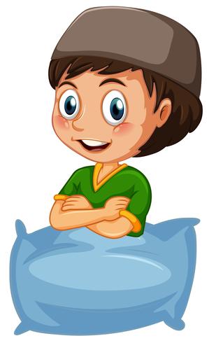 A muslim boy hugging pillow vector