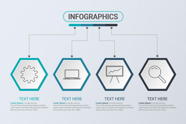 Infografía de cuatro pasos. Estrategia de flujo de trabajo o trabajo en equipo. Plantilla hexagonal de negocios con opciones para folleto, diagrama, flujo de trabajo, línea de tiempo, diseño web vector