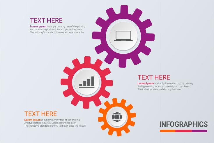 Three steps infographics Workflow strategy or team work Business cogs