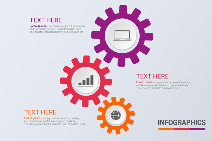 Infografía de tres pasos. Estrategia de flujo de trabajo o trabajo en equipo. Plantilla de engranajes de negocios con opciones para folleto, diagrama, flujo de trabajo, línea de tiempo, diseño web vector