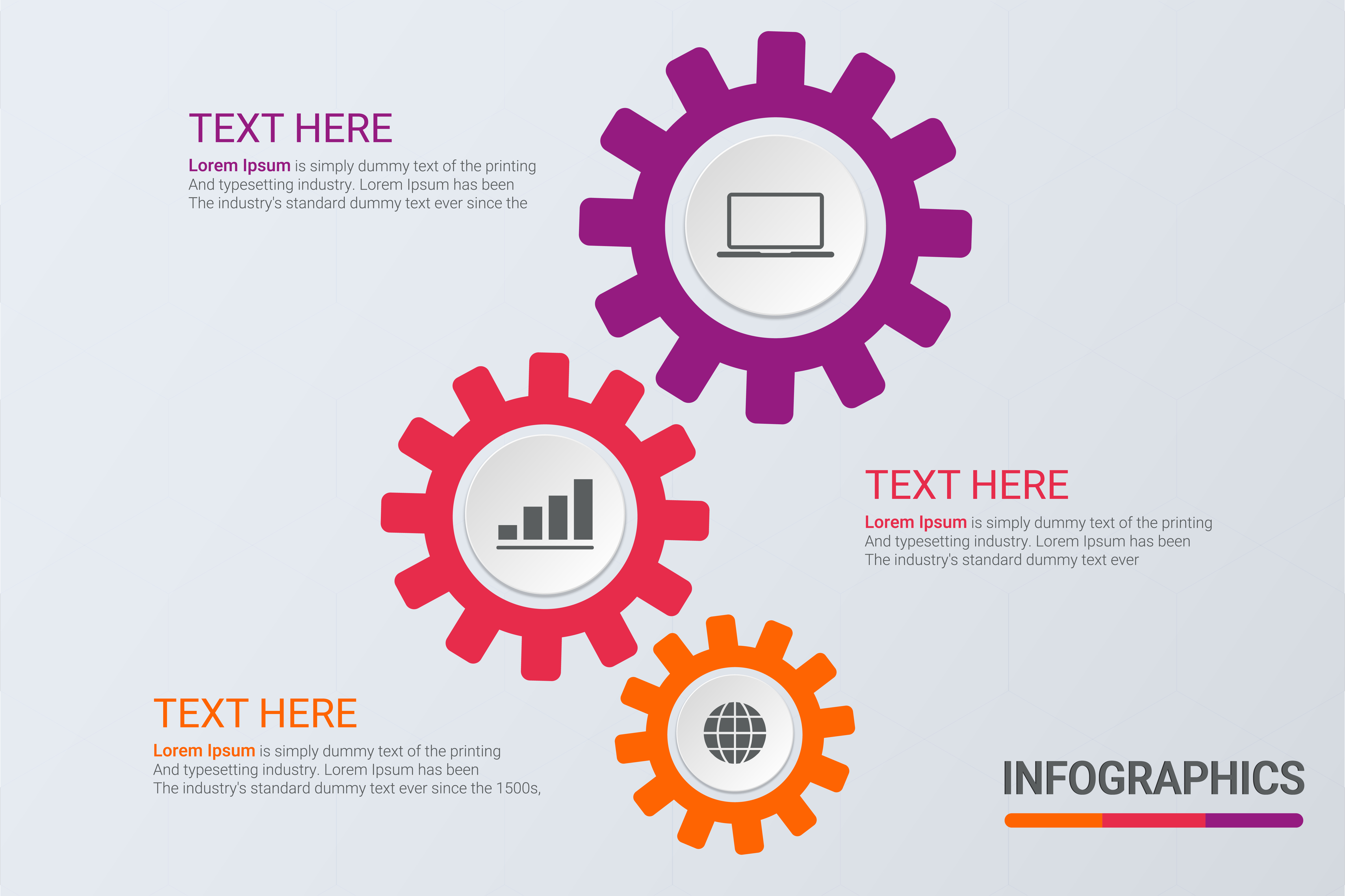 Three steps infographics Workflow strategy or team work Business cogs