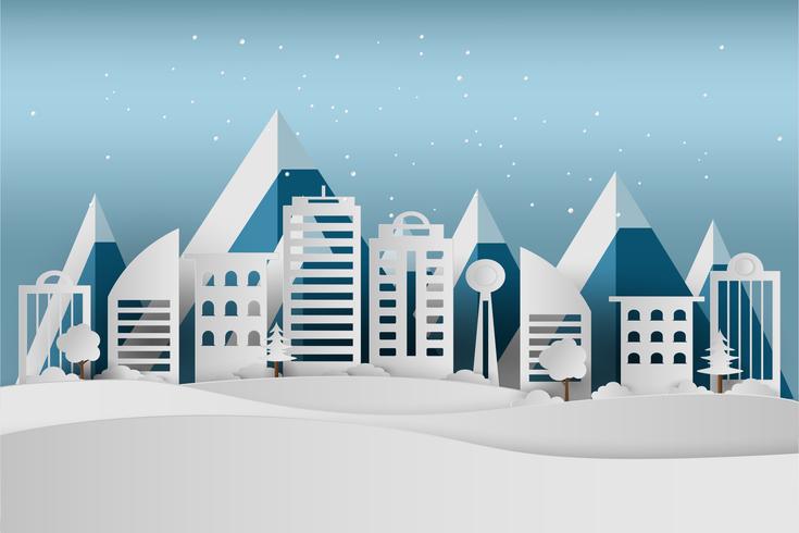 Merry Christmas and Happy New Year. Winter holiday snow in park at cityscape background, paper art and craft style. vector