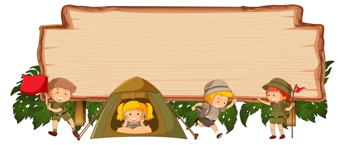 Camping kids on wooden banner