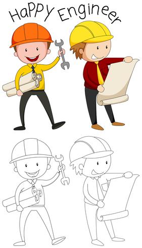 Doodle feliz ingeniero personaje vector