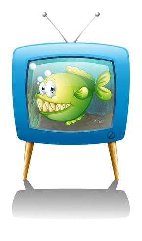 A blue television with a fish