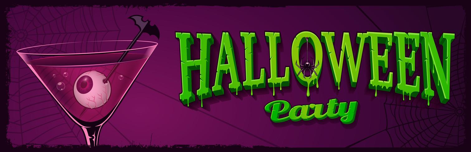 Halloween horizontal banner with illustration of cocktail with eyes inside.  vector
