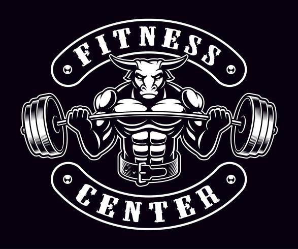 Vintage badge of a bull bodybuilder on the dark background. vector