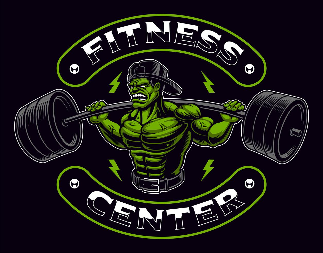 Coloured badge of a bodybuilder with barbell on the dark background ...