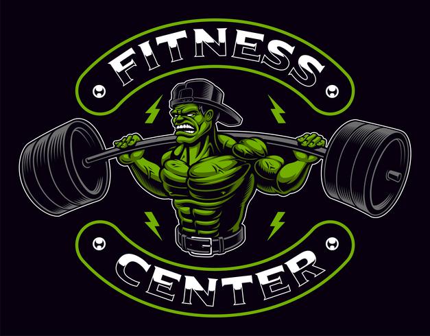 Coloured badge of a bodybuilder with barbell on the dark background. vector