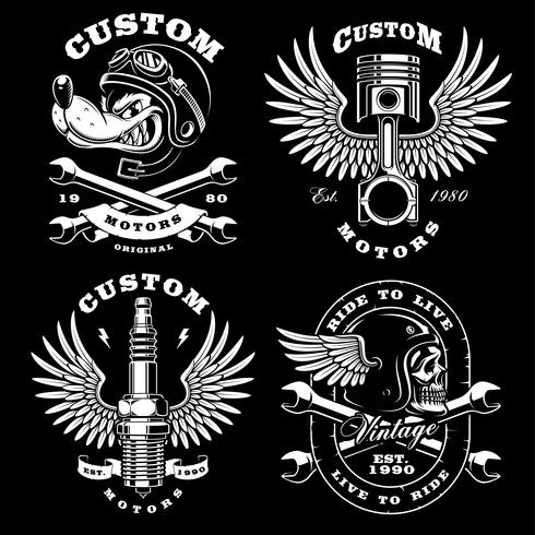 Conjunto de 4 ilustraciones de motociclista vintage en fondo oscuro_2 vector