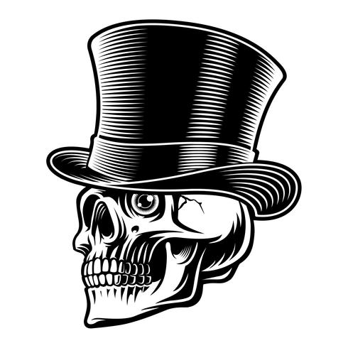 Ilustración en blanco y negro de una calavera en sombrero de copa vector