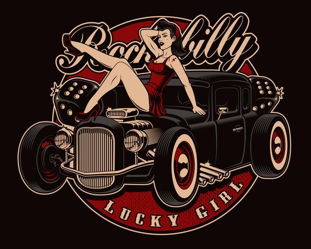 Pin up girl with classic hot rod. vector