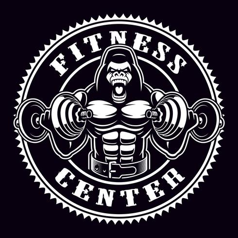 Vintage round badge of a gorilla bodybuilder with dumbbells. vector