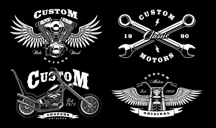 Conjunto de 4 ilustraciones de motoristas vintage sobre fondo oscuro_1 vector