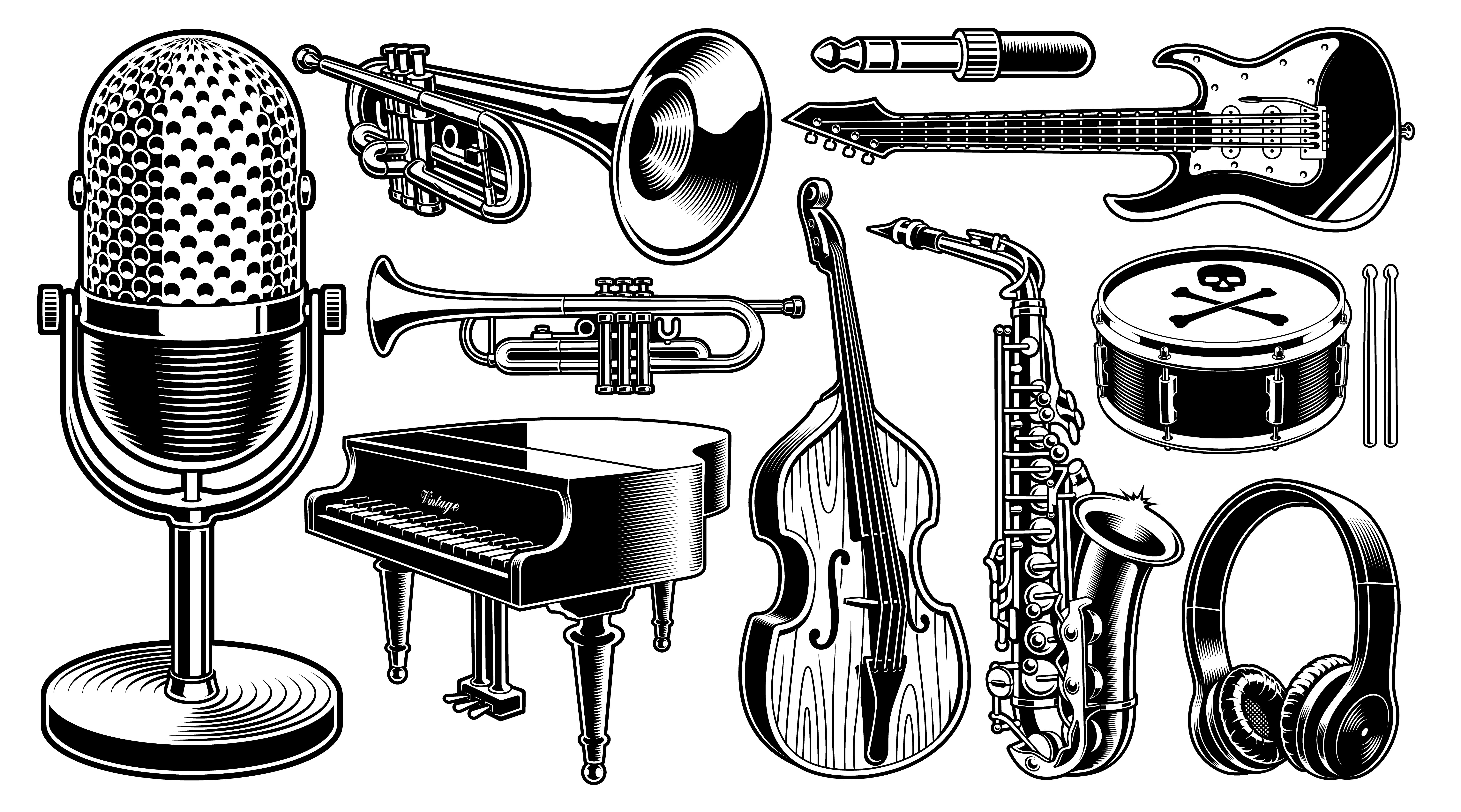 set of black and white illustrations of musical instruments vector