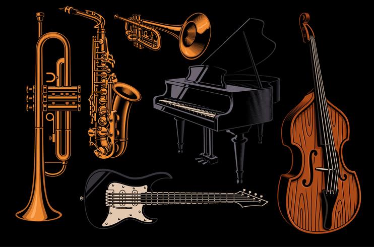 Conjunto de ilustraciones vectoriales de diferentes instrumentos musicales. vector