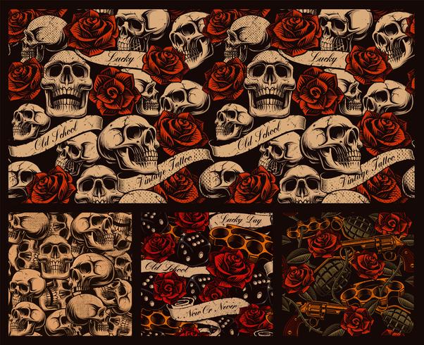 Set of seamless tattoo backgrounds with skulls vector