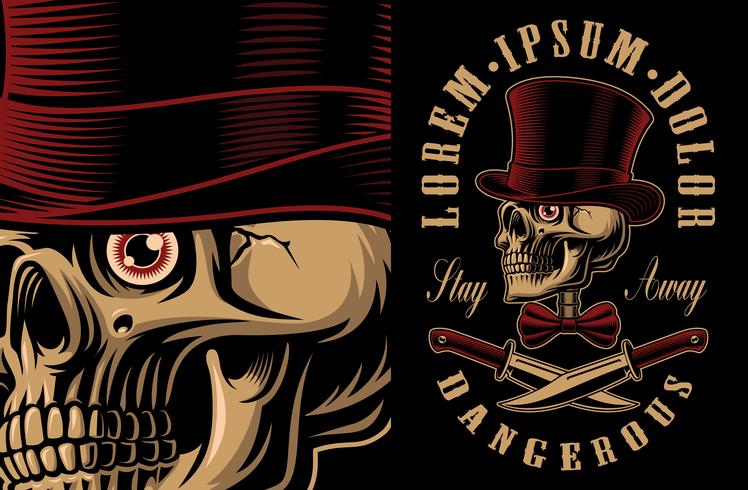 Vector illustration of a skull in hat with crossed knifes. 