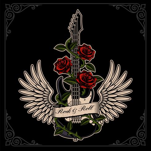 Vector el ejemplo de la guitarra con las alas y las rosas en estilo del tatuaje.