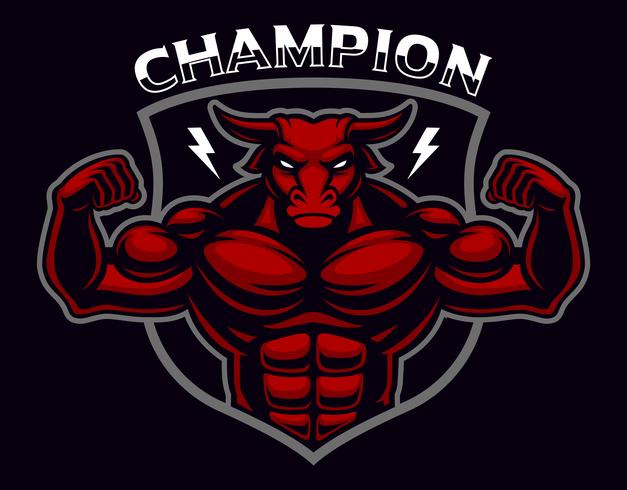 Coloured badge of a bull bodybuilder on the dark background. vector