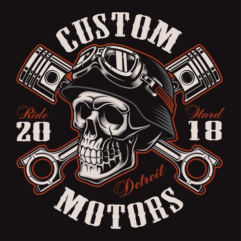 Biker skull with crossed pistons t-shirt design (color version) vector