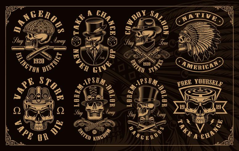 Conjunto de calaveras vintage en diferentes estilos. vector