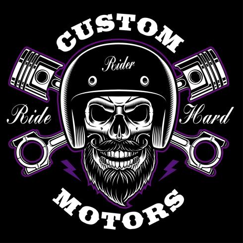 Biker skull with beard and crossed pistons. vector