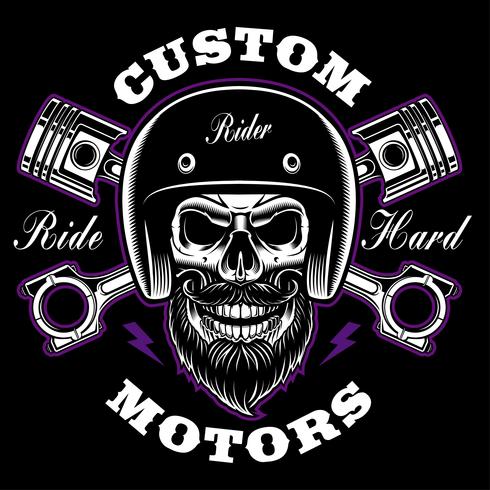 Biker skull with beard and crossed pistons. vector