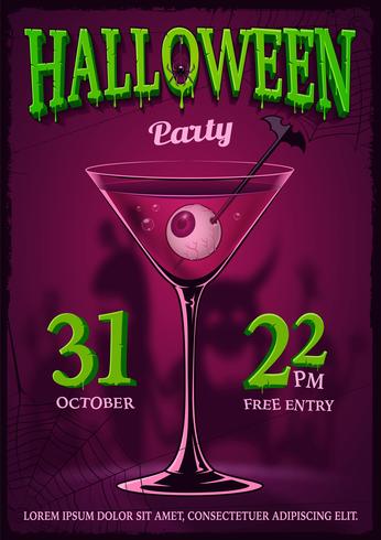 Halloween party poster with illustration of cocktail with eyes inside.  vector