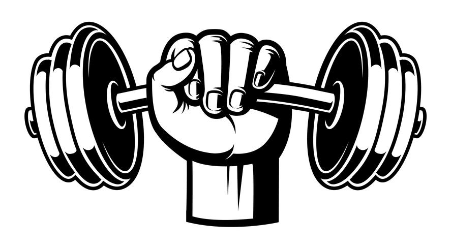 Black and white illustration of a hand with dumbbell. vector