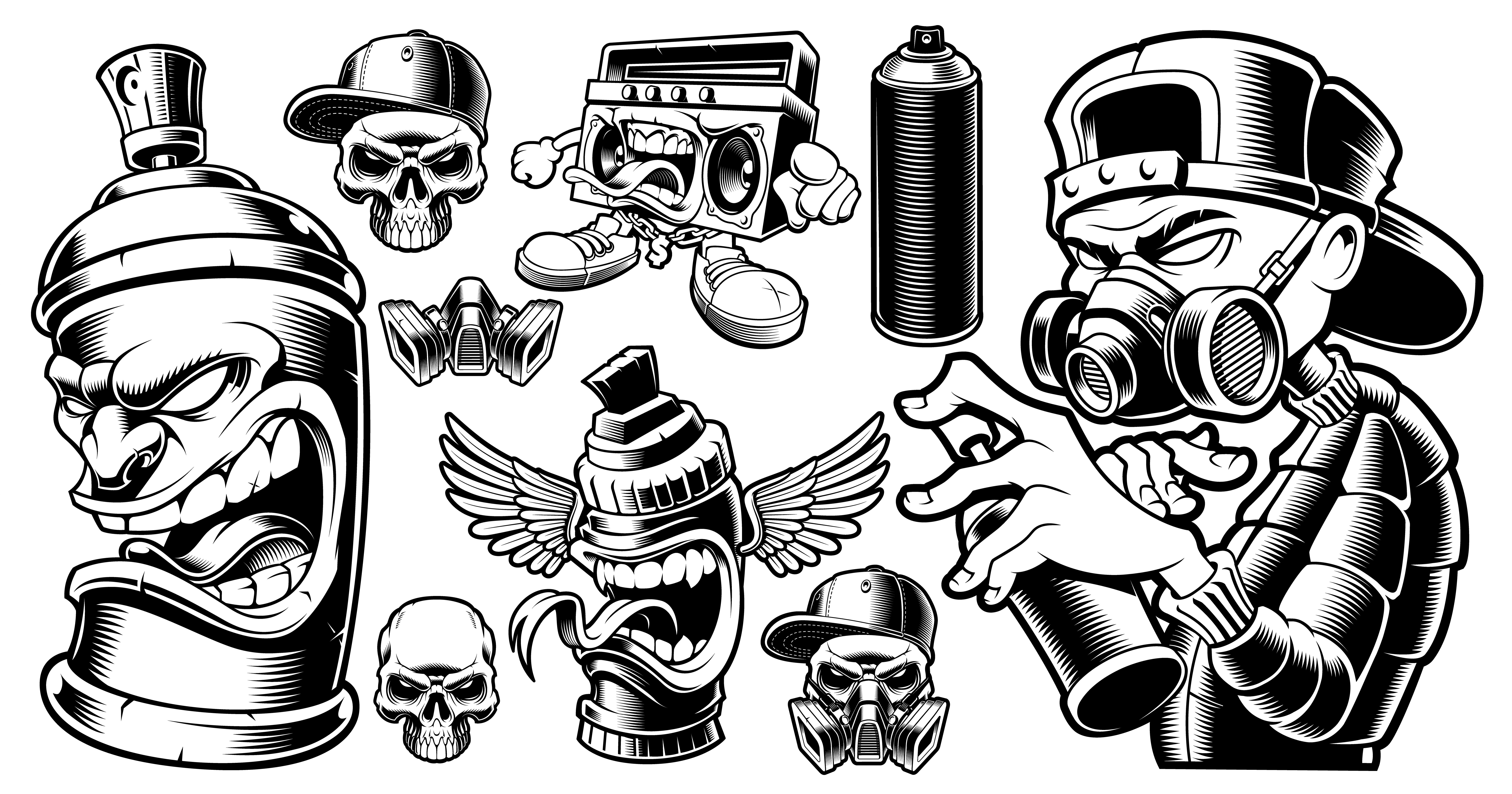 Set van zwart-witte graffiti-personages. - Download Free Vectors