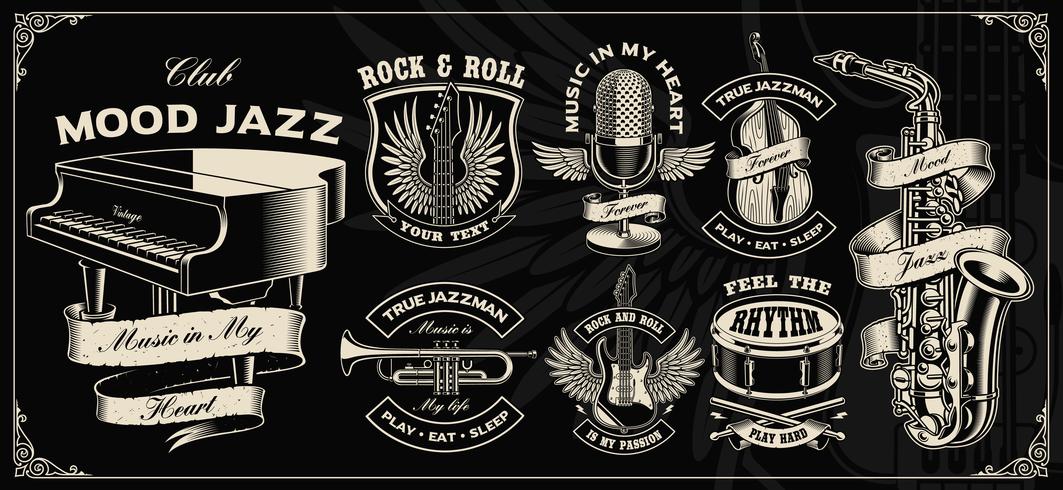 Set with vintage vector design of music instruments.