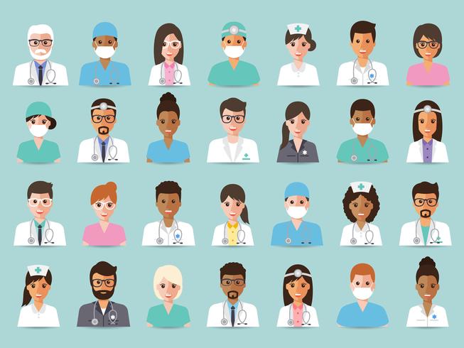 Group of doctors and nurses and medical staff avatars. vector