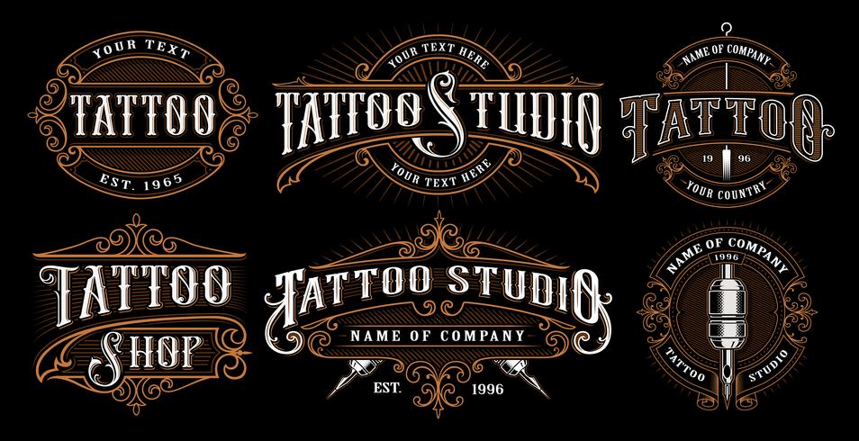 Conjunto de emblemas de tatuajes vintage (VERSIÓN PARA ANTECEDENTES OSCUROS) vector