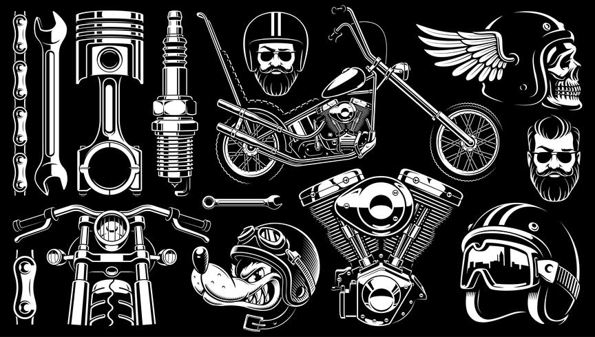 Motorcycle clipart with 14 elements on dark background. vector