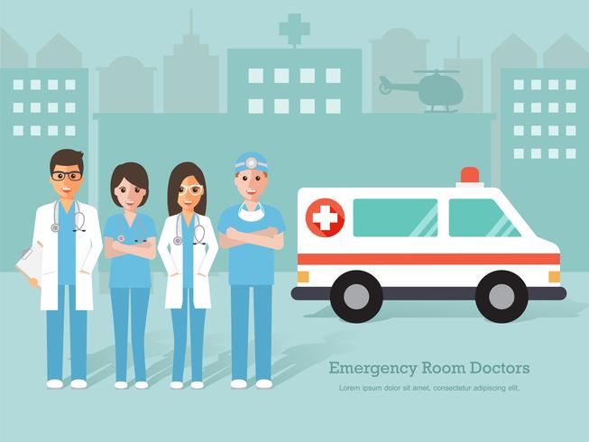 Group of Emergency room doctors and nurses, medical staff. vector