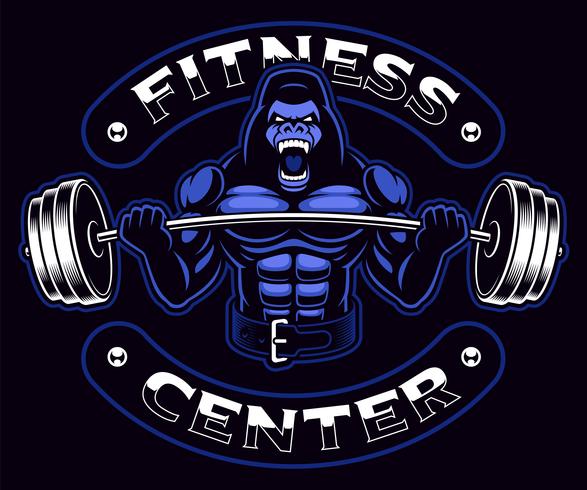 Gorilla bodybuilder with barbell on the dark background. vector