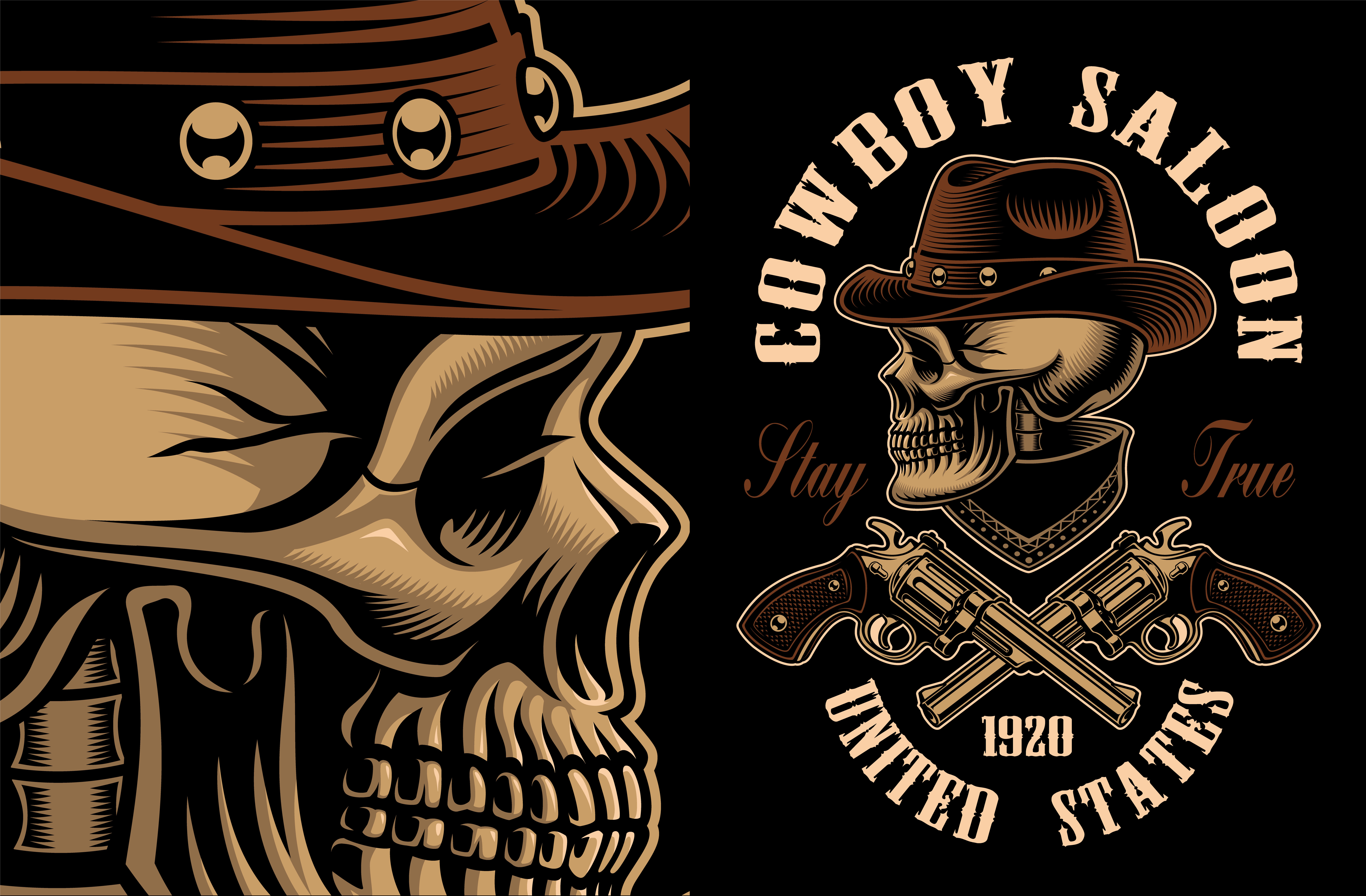 Vector illustration of cowboy skull with crossed handguns. 539480