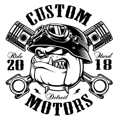 Diseño de camiseta motera Biker Bulldog (versión monocromática) vector