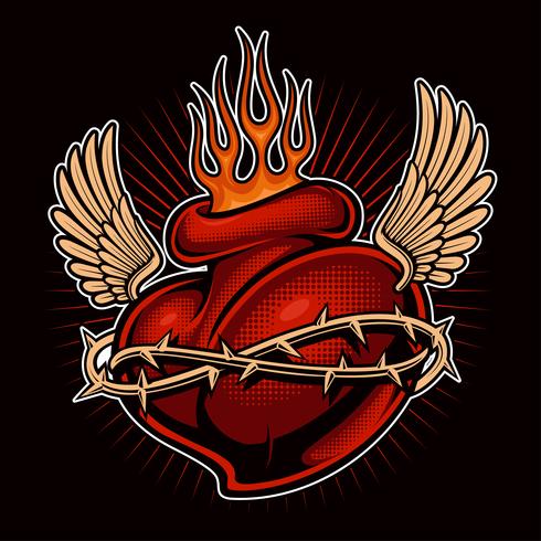 Tatuaje chicano corazón con llamas (versión color) vector