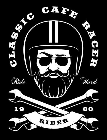 Biker with beard and crossed wrenches on dark background vector