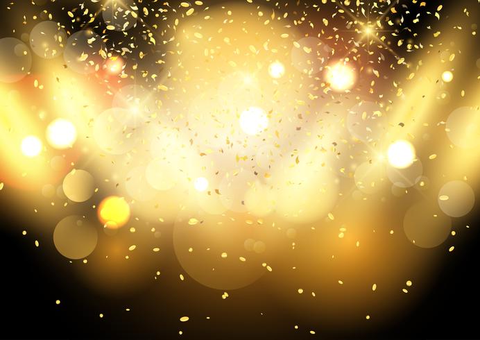 Fondo de luces bokeh oro con confeti vector